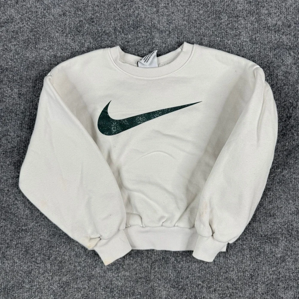 Nike Sweatshirt Kids Size 4XS Off-White Green Glitter Swoosh Logo Pullover